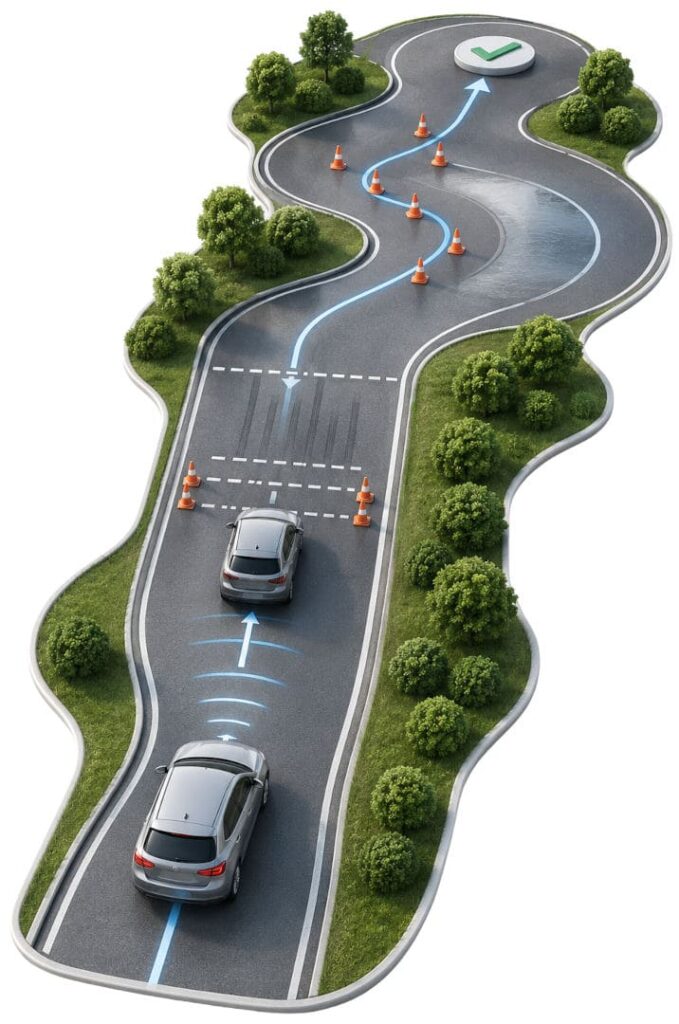 Illustration der Fahrsicherheitsübungen beim 2-Phasenkurs Basel mit Bremsen, Abstand und Kurvenfahrt