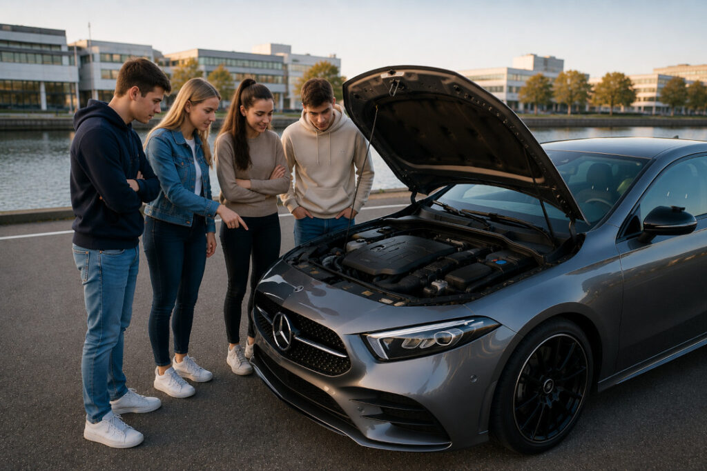 VKU Basel – vier Fahrschüler besprechen gemeinsam den Motorraum eines Fahrschulautos